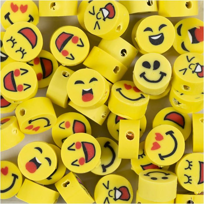 Perline con Figura, Emoji, diam 10 mm, misura buco 1,5 mm, 60 pz/ 1 conf.