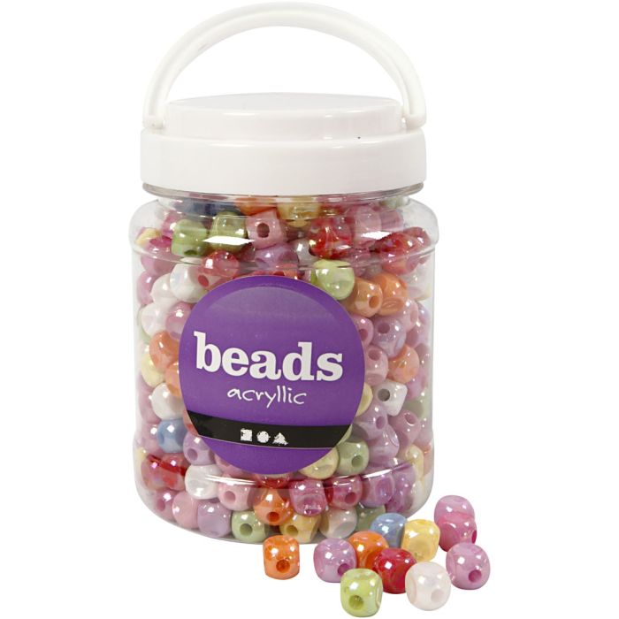Perline dadi, misura 10x10 mm, misura buco 4 mm, ca. 520 pz, colori asst., 400 g, 700 ml/ 1 vasch.