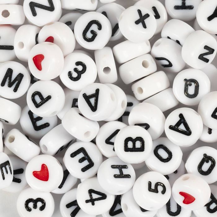 Perline lettere, misura 7 mm, misura buco 1,2 mm, ca. 200 pz, bianco, 25 g/ 1 conf.