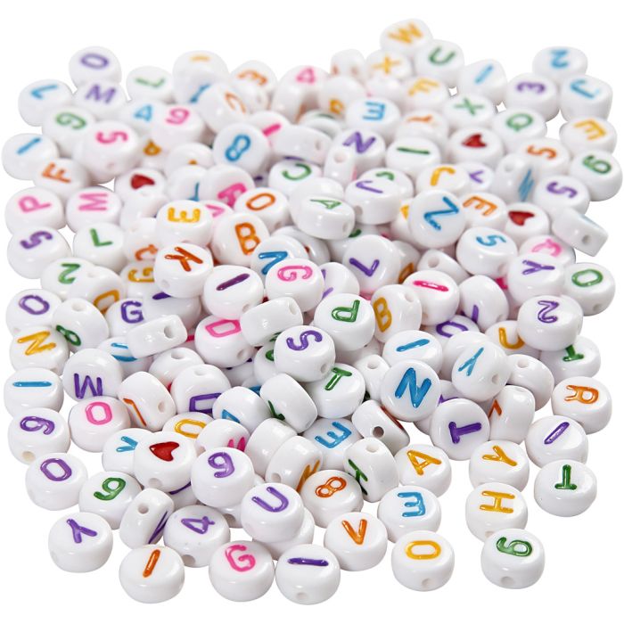 Perline lettere, misura 7 mm, misura buco 1,2 mm, ca. 1500 pz, bianco, 200 g/ 1 conf.