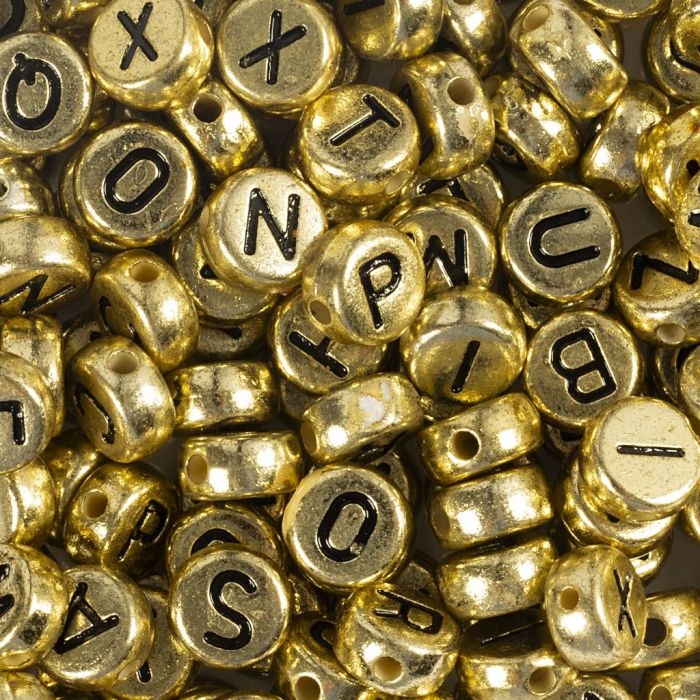 Perle lettere, diam 7 mm, misura buco 1,2 mm, ca. 200 pz, oro, 21 g/ 1 conf.