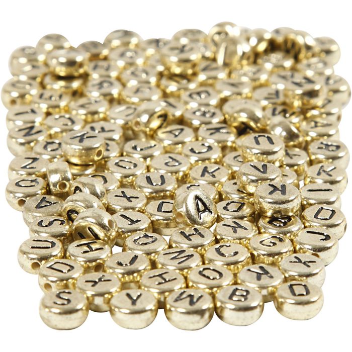 Perle lettere, diam 7 mm, misura buco 1 mm, ca. 1500 pz, oro, 165 g/ 1 conf.
