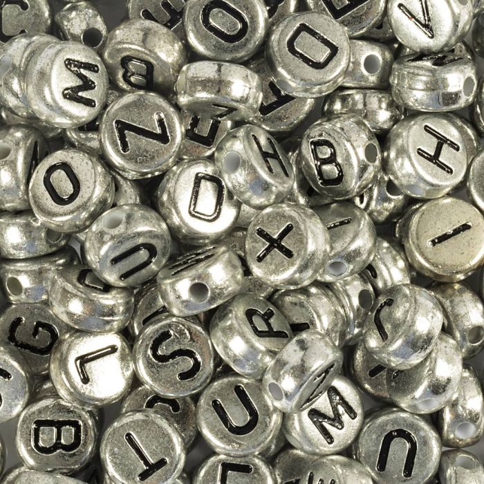 Perle lettere, diam 7 mm, misura buco 1,2 mm, ca. 200 pz, argento, 21 g/ 1 conf.