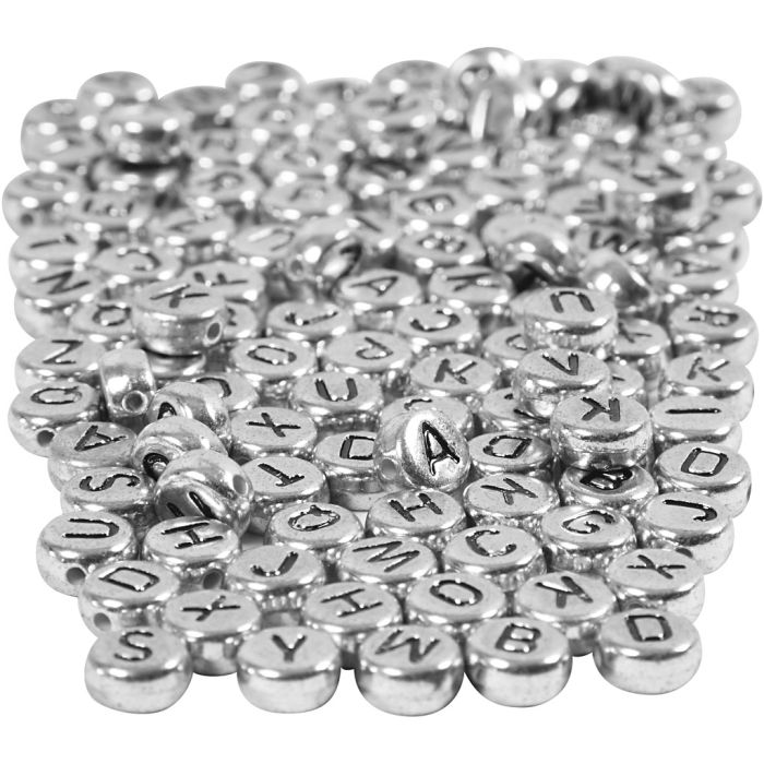 Perle lettere, diam 7 mm, misura buco 1,2 mm, ca. 1500 pz, argento, 165 g/ 1 conf.