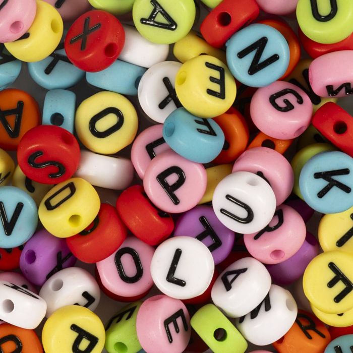 Perline rotonde con lettere, diam 7 mm, misura buco 1-2 mm, ca. 200 pz, colori asst., 25 g/ 1 conf.