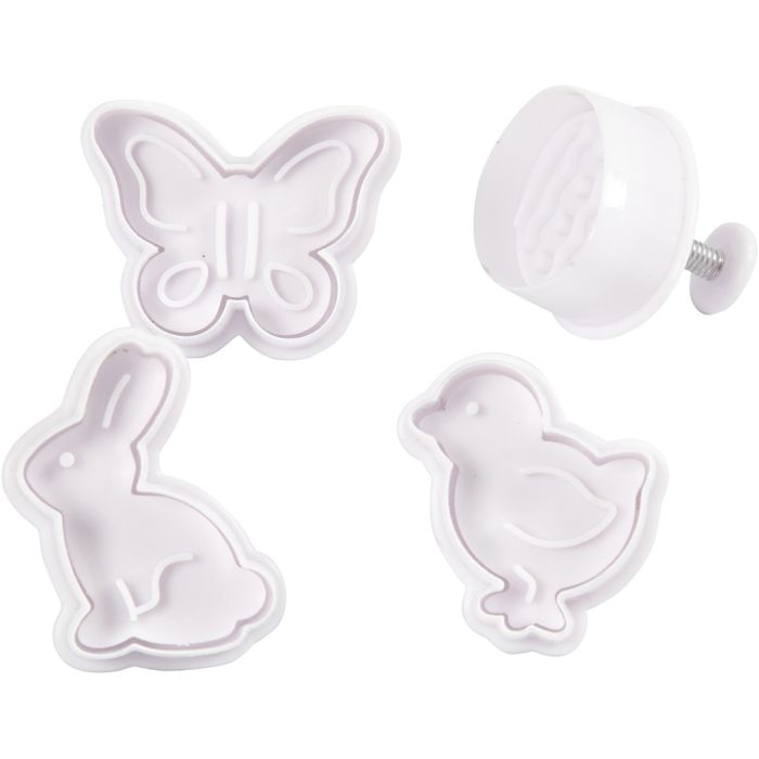 Tagliabiscotti con timbro, Uovo di Pasqua, lepre, pulcino, farfalla, H: 5 cm, bianco, 4 pz/ 1 conf.