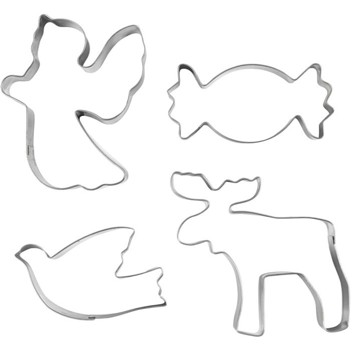 Formine tagliabiscotti, Angelo, renna, colomba, caramella, H: 2 cm, misura 4,5-9 cm, argento metallico, 4 pz/ 1 conf.