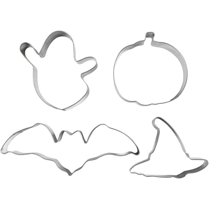 Formine tagliabiscotti, Fantasma, zucca, cappello da strega, pipistrello, H: 2 cm, misura 7-12,4 cm, 4 pz/ 1 conf.