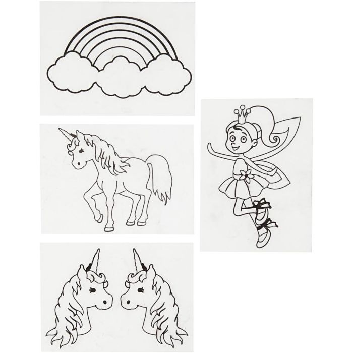 Fogli di plastica restringente con motivi, unicorni, foglio 10,5x14,5 cm, spess. 0,3 mm, trasparente opaco, 4 fgl./ 1 conf.