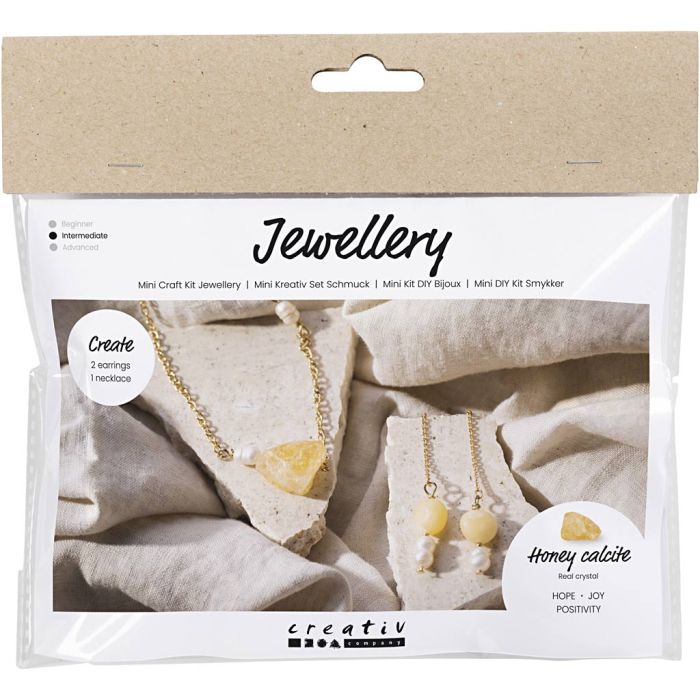 Kit Fai da te Mini Gioielli, Collana e orecchini in calcite gialla, 1 conf.