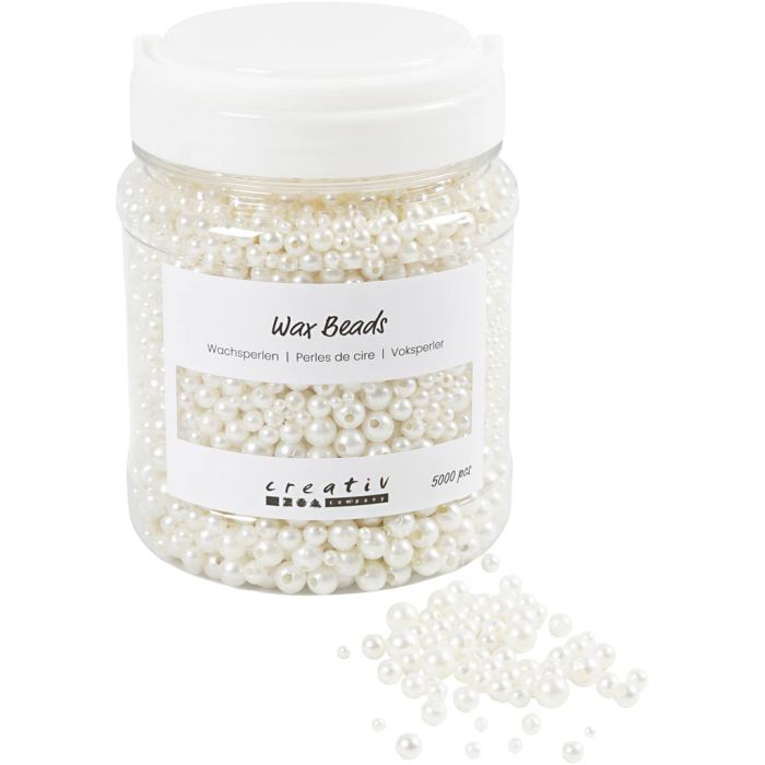 Perline di cera, diam 3-8 mm, misura buco 1,3-2,5 mm, ca. 5000, bianco madreperlato, 430 g, 700 ml/ 1 vasch.