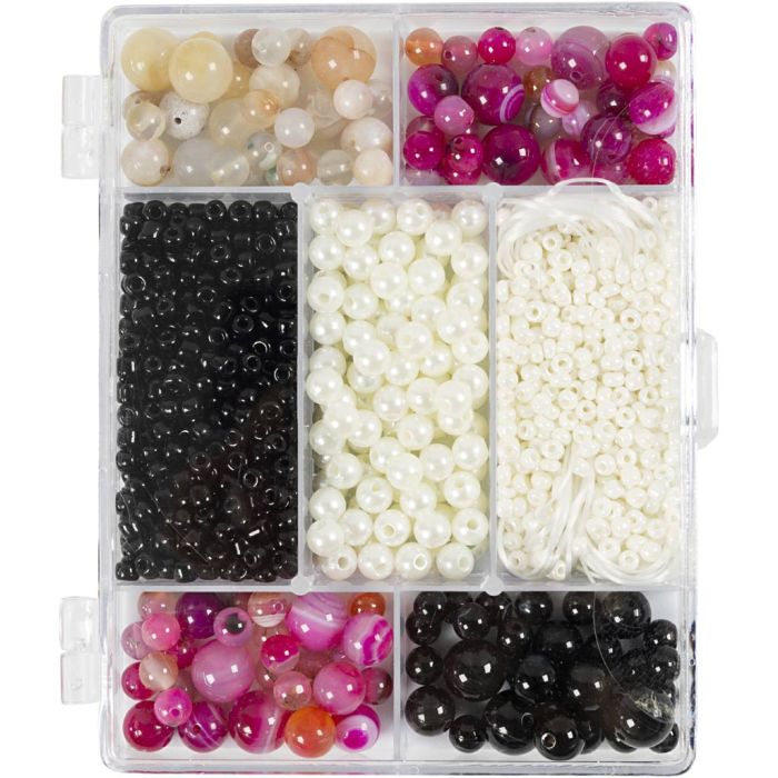 Kit Fai da te Misto Gioielli, Agate, misura 2,6-10 mm, misura buco 0,8-1,8 mm, ca. 2740 pz, beige, nero, rosa, bianco madreperlato, 1 conf.