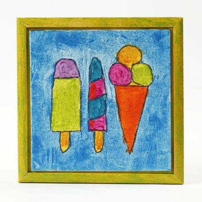 Fantasia disegnata a pennarello e colorata con pittura glitter, su pannello telato con cornice