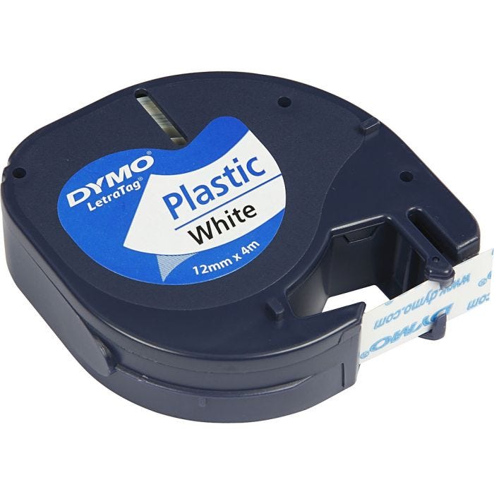 Nastro di Plastica Dymo, L: 4 M, L: 12 mm, bianco, 4 m/ 1 rot.