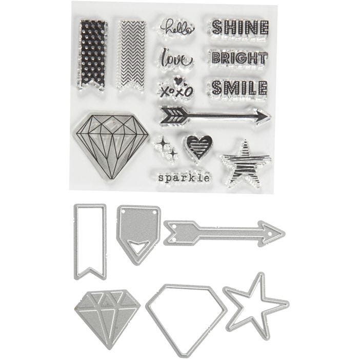 Timbri trasparenti, embossing e fustelle, parole e simboli, misura 1,5-6 cm, 1 conf.