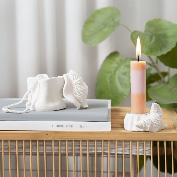 Portacandele e contenitore con conchiglie