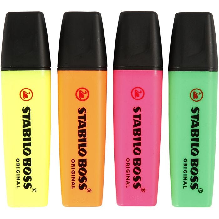 Evidenziatori, verde neon, neon orange, neon pink, giallo neon, 4 pz/ 1 conf.