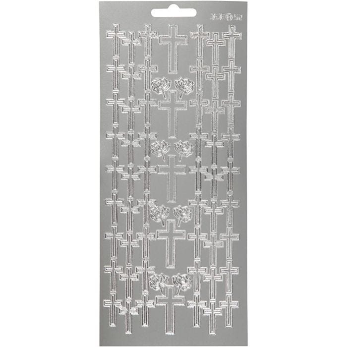 Stickers, croce, foglio 10x23 cm, argento, 1 fgl.