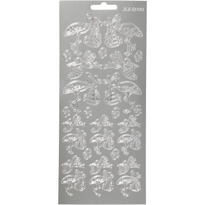 Stickers, cicogna con bambino, foglio 10x23 cm, argento, 1 fgl.
