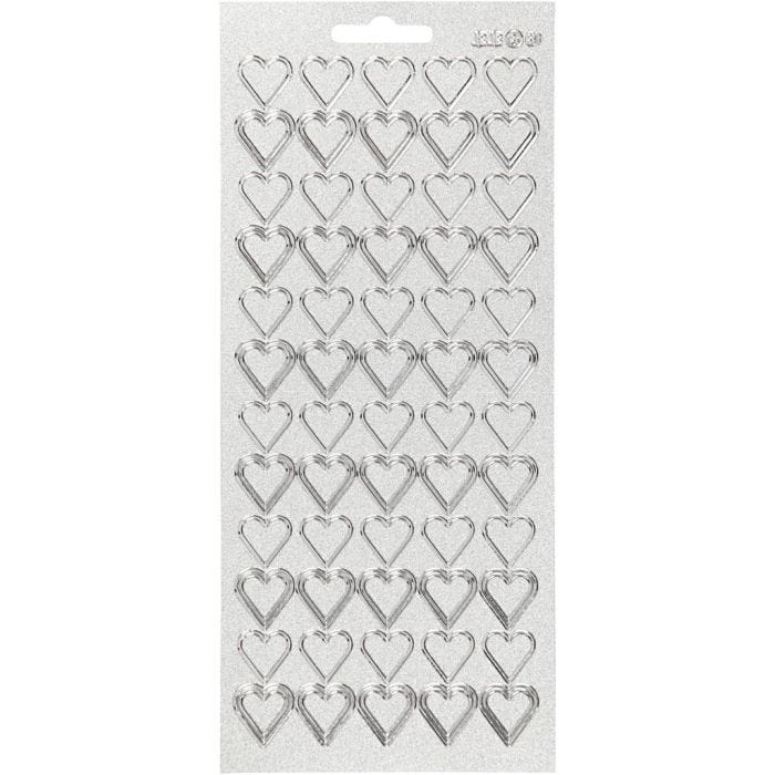 Stickers, cuori, foglio 10x23 cm, argento, 1 fgl.