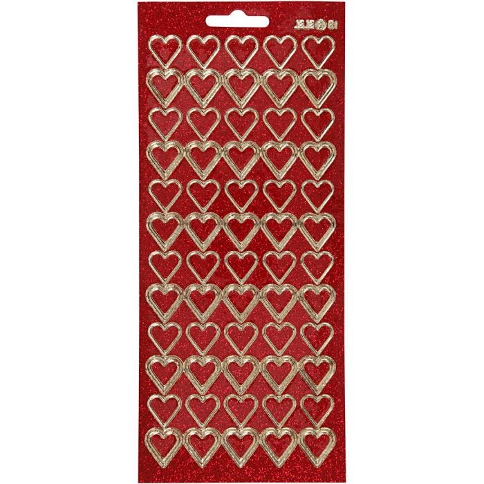 Stickers, cuori, foglio 10x23 cm, oro, rosso glitter, 1 fgl.