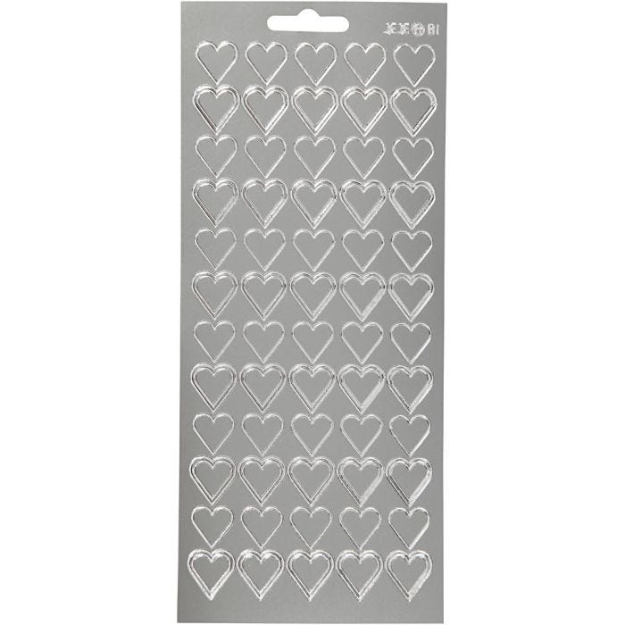 Stickers, cuori, foglio 10x23 cm, argento, 1 fgl.