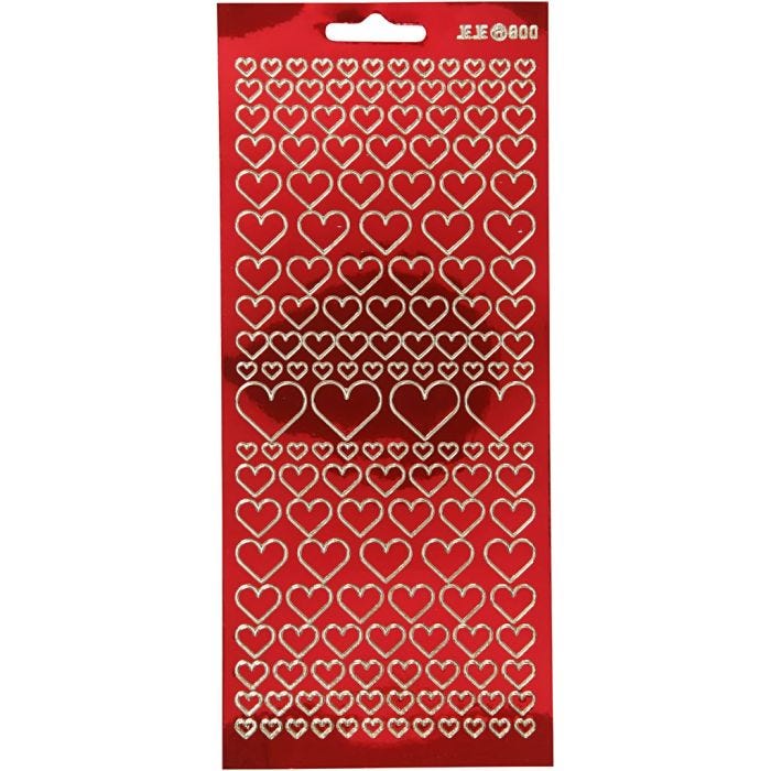 Stickers, cuori, foglio 10x23 cm, transparent rosso, 1 fgl.