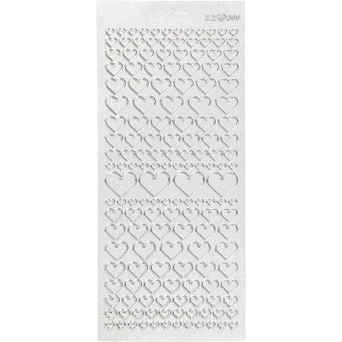 Stickers, cuori, foglio 10x23 cm, argento, 1 fgl.