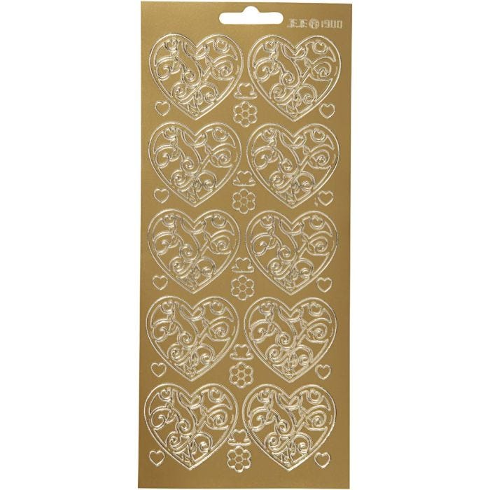 Stickers, cuori, foglio 10x23 cm, oro, 1 fgl.