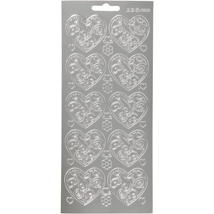 Stickers, cuori, foglio 10x23 cm, argento, 1 fgl.