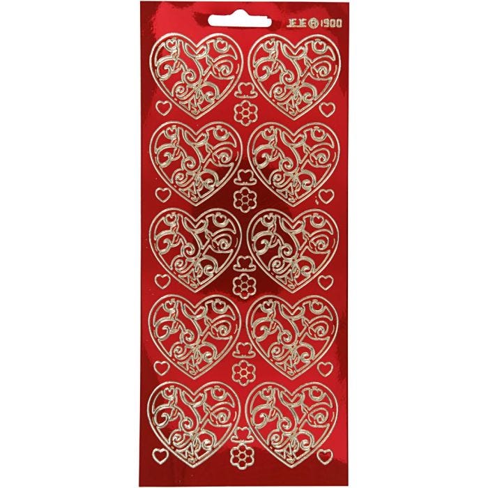 Stickers, cuori, foglio 10x23 cm, oro, transparent rosso, 1 fgl.