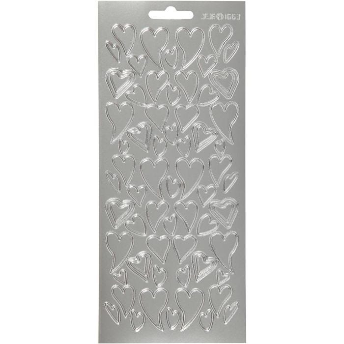 Stickers, cuori, foglio 10x23 cm, argento, 1 fgl.