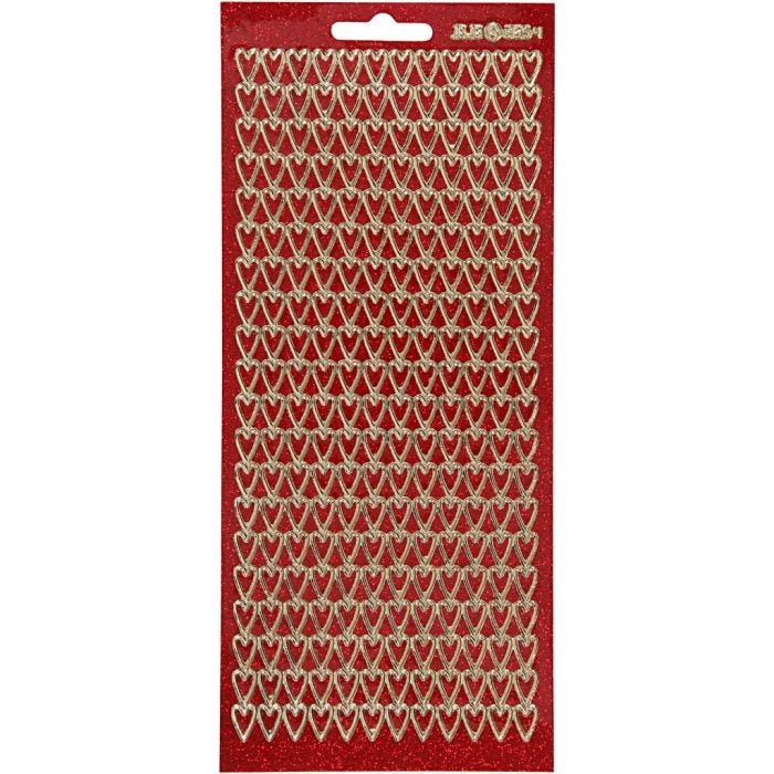 Stickers, cuori, foglio 10x23 cm, oro, rosso glitter, 1 fgl.
