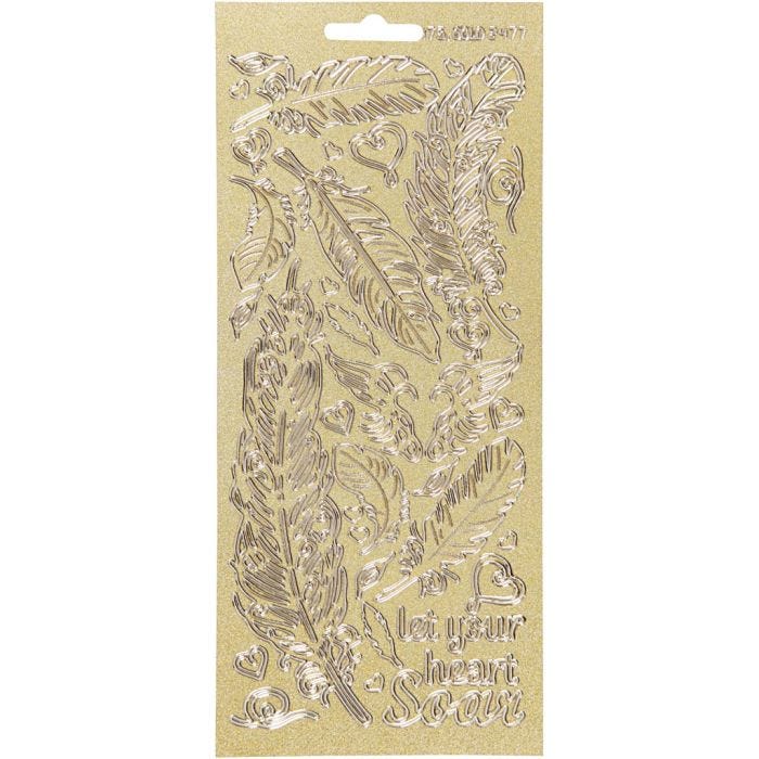 Stickers, piume, foglio 10x23 cm, oro, 1 fgl.