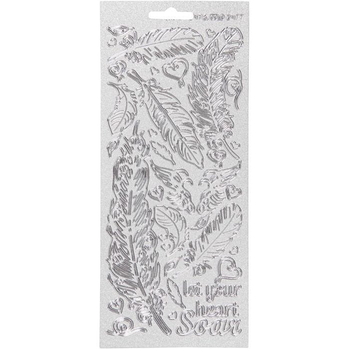 Stickers, piume, foglio 10x23 cm, argento, 1 fgl.