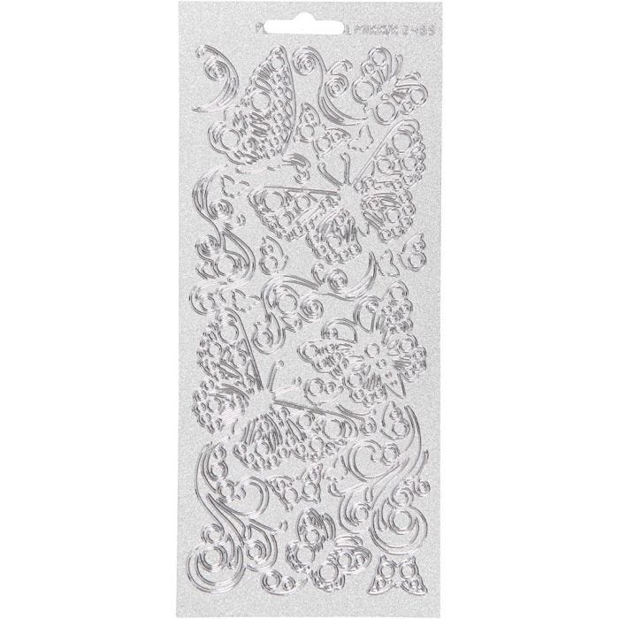 Stickers, farfalle, foglio 10x23 cm, argento, 1 fgl.