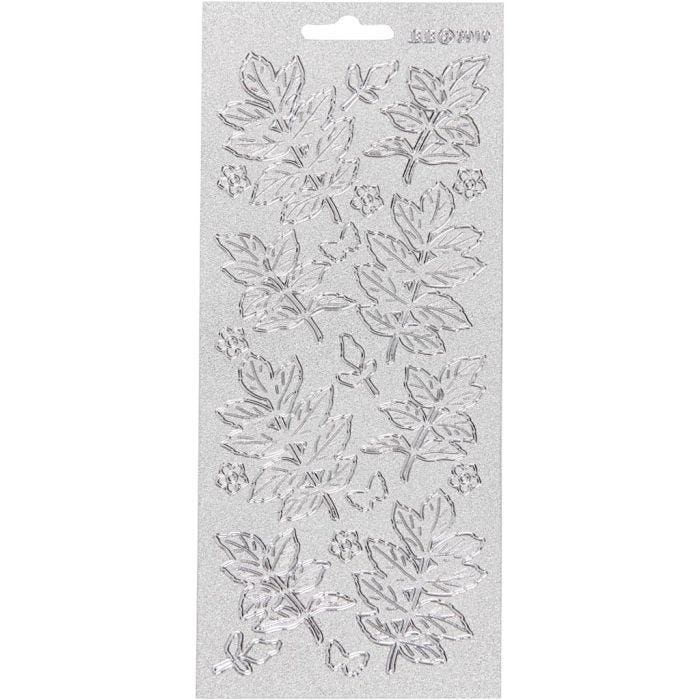 Stickers, foglie, foglio 10x23 cm, argento, 1 fgl.