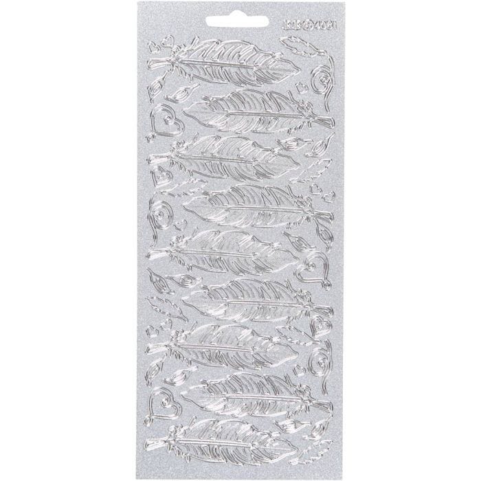 Stickers, piume, foglio 10x23 cm, argento, 1 fgl.