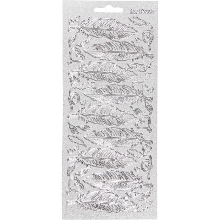 Stickers, piume, foglio 10x23 cm, argento, 1 fgl.