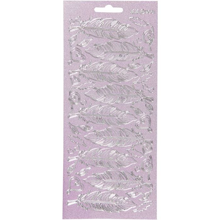 Stickers, piume, foglio 10x23 cm, argento, 1 fgl.
