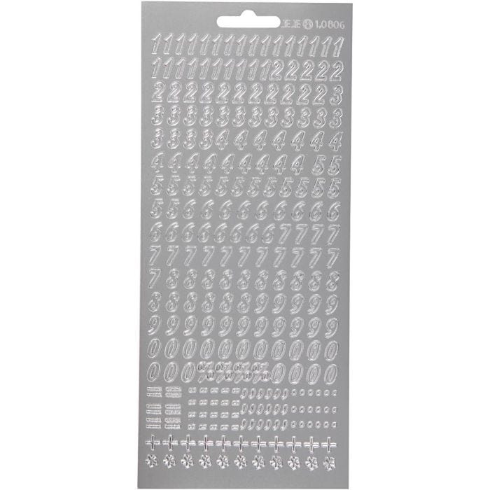 Stickers, numeri, foglio 10x23 cm, argento, 1 fgl.