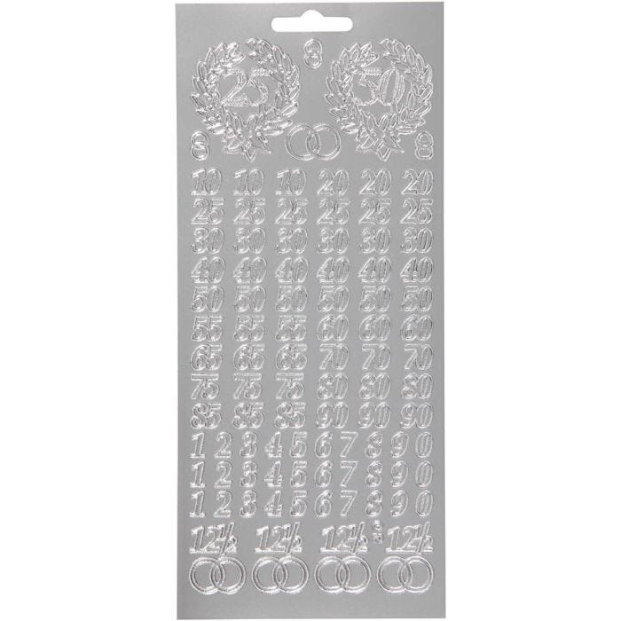 Stickers, numeri anniversario, foglio 10x23 cm, argento, 1 fgl.