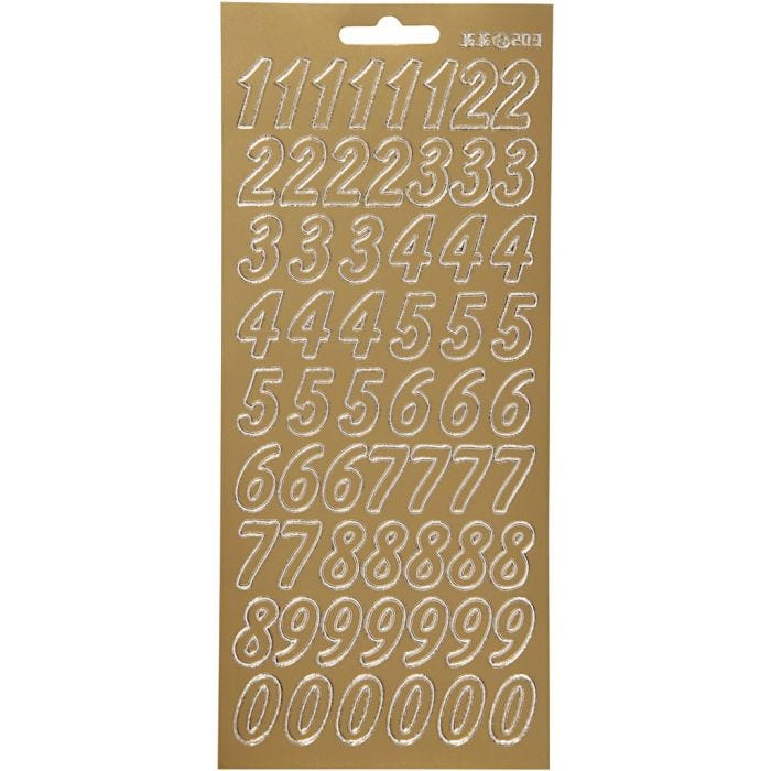 Stickers, numeri, foglio 10x23 cm, oro, 1 fgl.