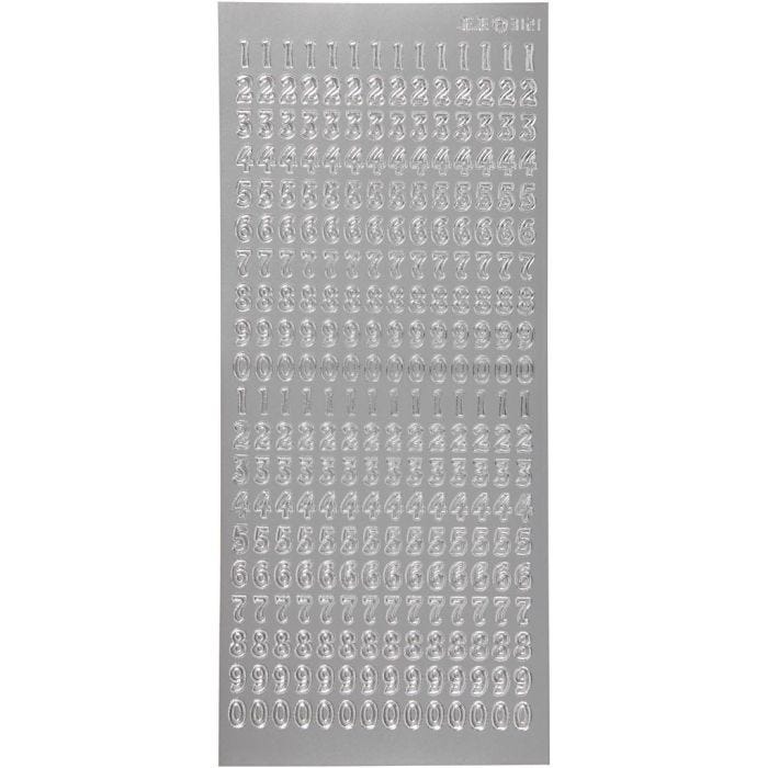 Stickers, numeri, foglio 10x23 cm, argento, 1 fgl.