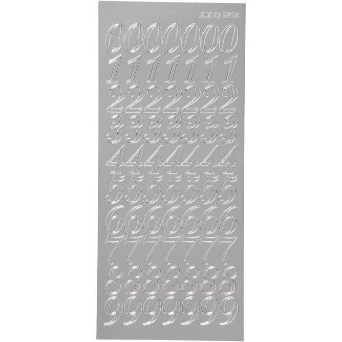 Stickers, numeri, foglio 10x23 cm, argento, 1 fgl.