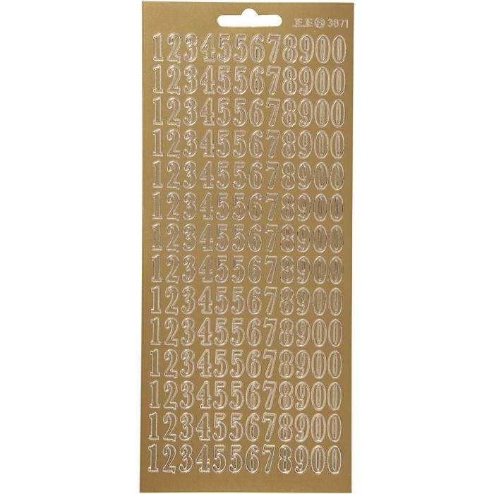 Stickers, numeri, foglio 10x23 cm, oro, 1 fgl.