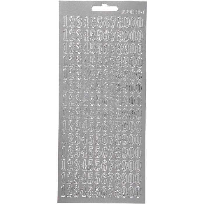 Stickers, numeri, foglio 10x23 cm, argento, 1 fgl.