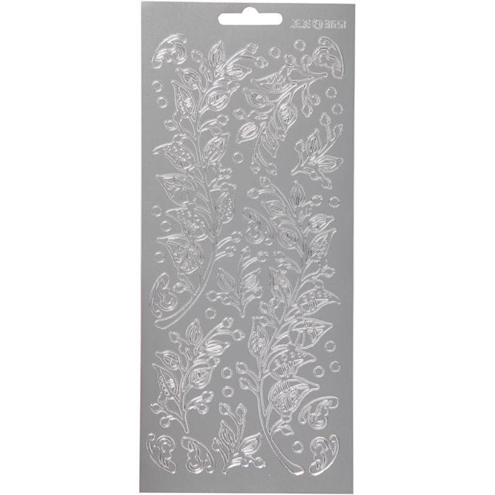 Stickers, foglie, foglio 10x23 cm, argento, 1 fgl.