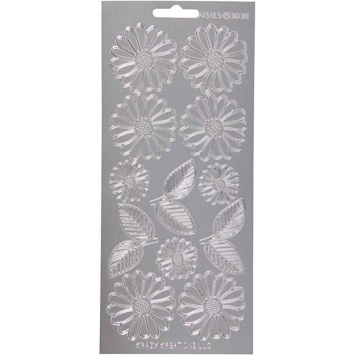 Stickers, margherite, foglio 10x23 cm, argento, 1 fgl.