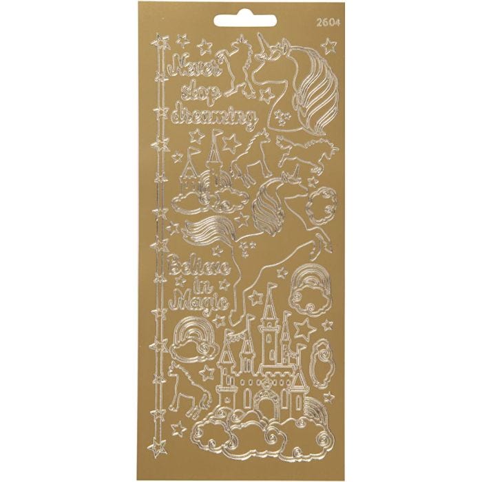 Stickers, unicorno, foglio 10x23 cm, oro, 1 fgl.